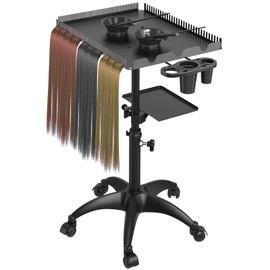 ZHOOGE ZHOOGE Hairstylist Tray Rolling Cart, Salon Tray Cart Salon Hair Extension Trolley Cart with Storage Platform and Hair Separator Stand, Salon Coloring Tray Cart with Hair Dye Bowls and Tools, Black