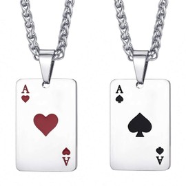 MOO&LEE Stainless Steel Pendant Necklace for Men and Women Small Poker Card Ace of Spades Necklace with 24 Inch Link Chain, Couples Jewelry for 2