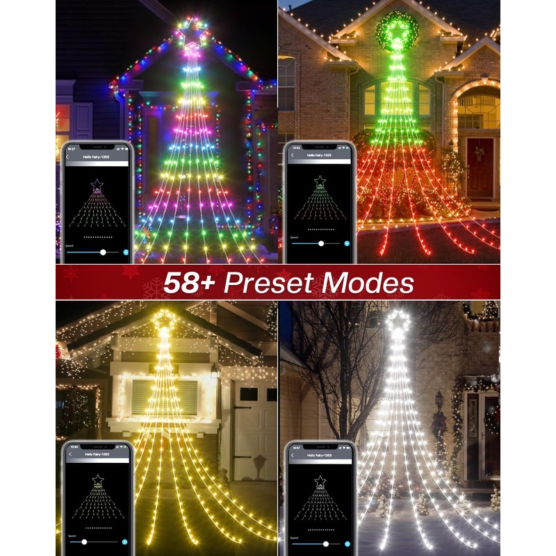 3.6M Outdoor Christmas Curtain Lights, 64 Modes Smart Waterfall String