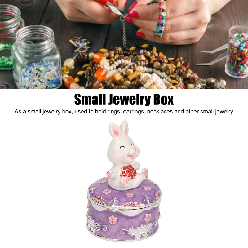 Rabbit Figurine Trinket Boxes Hand Painted Rhinestones Small Jewelry Box