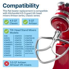 Stainless Steel Flat Beater K45B for KitchenAid 4.5-5 Quart Tilt-Head Stand Mixers Artisan & Classic Series by MMOBIEL – Paddle Attachment – Pastry Beater – Paddle Mixing Accessory - Dishwasher Safe