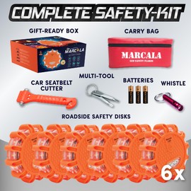Marcala LED Road Flares Emergency Lights 6‑Pack | Roadside Safety Disc & LED Safety Flare | Roadside Hazard Emergency Kit w/Boat Flare Kit | Batteries, Case & Whistle Included | Feel Safe on Road