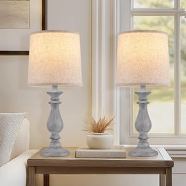 Piodo Lamps Set of 2 Vintage Rustic Farmhouse Table Lamps Bedside Reading Lamp Bedroom Nightstand Living Room Teapoy Lamp, Desk Light, 22 Inch High,Light Grey, with Fabric Shade, Bulb Not Included