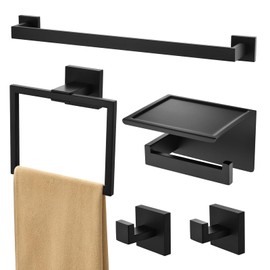 Taucent Towel Racks for Bathroom Black,5-Piece 16" Towel Bar Bathroom Hardware Accessories Wall Mounted Include Towel Bar,Toilet Paper Holder with Shelf,Towel Holder,Towel Robe Hook Matte Black