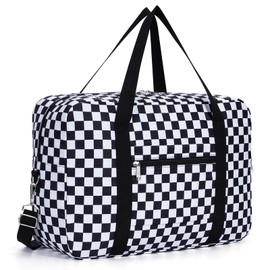 for Easyjet Airlines Cabin Bag 45x36x20 Underseat Foldable Travel Duffel Bag Holdall Tote Carry on Luggage Overnight for Women and Men 25L (Black Checkerboard) with Shoulder Strap