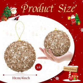 4 Pcs 4 Inch Christmas Ball Ornaments Glitter Sequin Ball Large Champagne Christmas Tree Decorations Xmas Hanging Balls for Home New Year Holiday Indoor Outdoor Party Decor (4, Champagne, 4 Inch)
