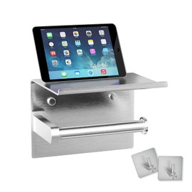 Tindbea Mega Size Toilet Paper Holder with Shelf + Towel Robe Hooks, Adhesive or Screw Wall Mounted Toilet Paper Roll Holder, Stainless Steel Bathroom Hardware Set (Brushed Nickel)