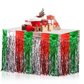 YUSHWENPTY Christmas Table Skirt Party Decoration Table Skirt Tinsel Glitter Curtain Red Silver Green Tinsel Curtain for Christmas Decoration Table Party Decorations Birthday (Pack of 2)