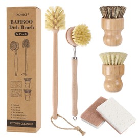 6 Pack Bamboo Dish Brush & Sponge Set, Wooden Handle Kitchen Scrub Brushes with Natural Sisal & Palm Fiber Heads, Multi-Purpose Dishwashing Cleaner fo