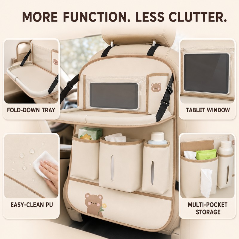 PU Leather Car Seat Back Organizer with Foldable Tray, Multi-Pocket