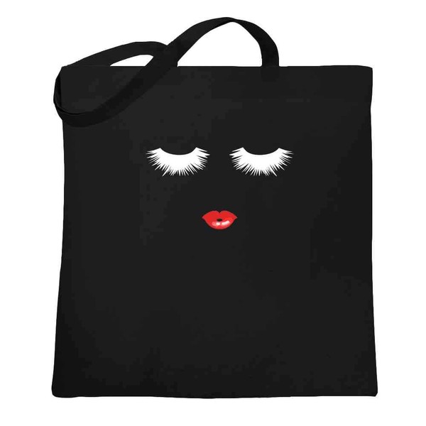 Eyelashes and Red Lips Graphic Retro Makeup Black 15x15 inches Large Canvas Tote Bag Women