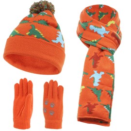 NATUST 3Pcs Boys Hat Scarf Gloves Set Kids Pompoms Beanie Cap Knitted Scarf Gloves Cartoon Dinosaur Print Winter Accessories Sets Orange 2-10 Years