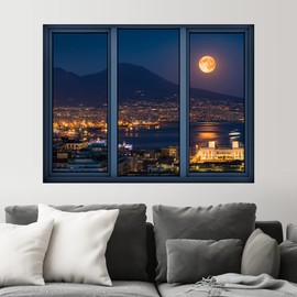 SIGNWIN Removable Wall Sticker/Wall Mural Window View Harvest Moon Neon Light City Nature Wilderness Photography Realism Decorative Landscape Digital Art for Living Room, Bedroom, Office - 36"x48"