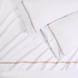 Chanasya Premium Ribbon Embroidered Sheet Set - Double Brushed Modern Traditional Microfiber Sheet Set - Fitted Sheet, Flat Sheet & 2 Pillow Covers - 4-Piece Set - Beige, Queen Size