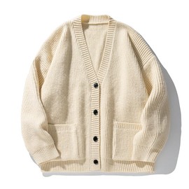 POHADON Mens Cardigan Sweater Button Down Long Sleeve V Neck Cable Knit Sweaters Japanese Streetwear Grunge Clothes, Beige, Medium