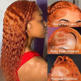 Daules Ginger Deep Wave Lace front wigs human hair 180% Density Orange 13x4 Curly Lace Frontal Wigs Orange Colored Glueless Pre Plucked Real Human Hair Free Part Deep Parting True to Length 22 Inch
