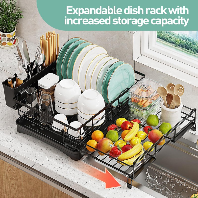 Large Dish Drying Rack,Extendable Dish Rack With Cutlery Holder, Anti-Rust