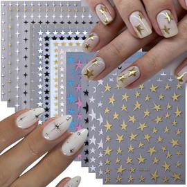 Pegatinas de Estrellas para uñas, 14 Unidades, 3D, Brillantes, Y2K, Doradas, Plateadas, Negras y Blancas, para uñas de Manos y pies, con Purpurina pequeña