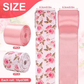 2 Rolls Floral Wired Ribbons, 2.5 Inch x 10 Yards Satin Ribbon Spring Summer Flower Decorative Burlap Grosgrain for Gift Wrapping Wreaths Bow Craft Wedding Birthday Bouquets Decor Fabric (Pink)