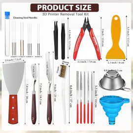 25 Pcs 3D Printer Tools Kit 3D Printing Accessories Include 2 Wire Brush 1 Putty Knife 1 Plastic Shovel 5 Diamond Files 2 Tweezer 10 Needles 1 Plier 1 Funnel 2 Scraper for Cleaning Removing Finishing