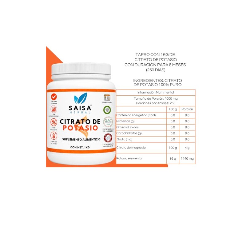 Citrato de potasio 1 Kg. 100% Puro, grado alimenticio