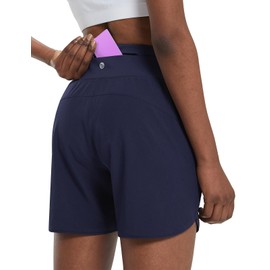 Baleaf - Pantalones cortos de entrenamiento para mujer, de 5 pulgadas, de cintura alta, con bolsillo con cierre, gimnasio, secado rápido, senderismo, deportes, marino, Small