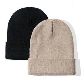 NPJY 2 Packs Unisex Beanie for Men and Women Knit Hat Winter Beanies Black+DarkBeige