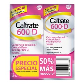 Suplemento Vitaminico Caltrate 600D Calcio y Vitamina D Pack 60 y 30 tabletas