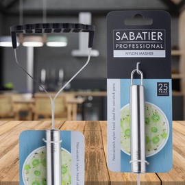 Sabatier Professional Nylon Potato Masher - by Taylors Eye Witness. Anti-Scratch for Non-Stick Pans. Dishwasher Safe. Stainless Steel Core and Handle. Wide Mashing Plate. 25 Year Guarantee.