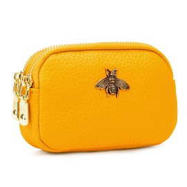 ZOOEASS Leather Coin Purse for Women Small 2 Zipper Change Wallet with Key Ring Card Key Coin Cash Holder Pouch（Yellow）