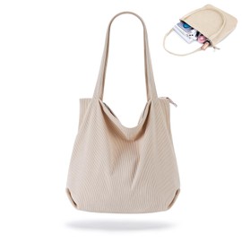 Xinlon Women's Shoulder Bag, Beach Bag with Zip, Large Capacity Corduroy Shoulder Bag, Handbag Shoulder Bags for Work, Office, Travel, Shopping, School and Everyday Use (Beige), beige