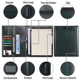 Wonderpool A4 PU Leather Clipboard Partfolio Notepad Forms Holders Document Case - Interview Planner Meeting Writing Padfolio File for Office Travel School Hotel Hospital (A4,Green)