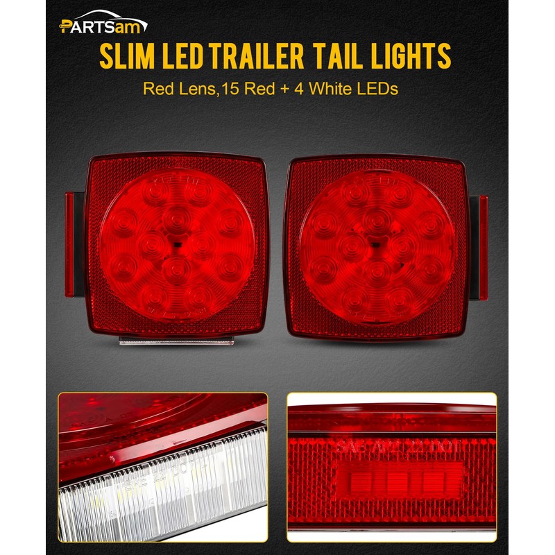 Partsam Pair Slim Square LED Trailer Light Submersible Tail Lights
