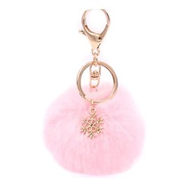 CrownOfRibbons Pink Fluffy Pom Christmas Keyring, with Snowflake Charm, Car, Luggage Bag Accessory