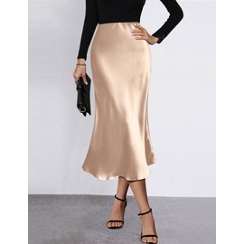 HOTOUCH Womens Satin Skirts Midi Length High Waist Beige Long Skirts Fall