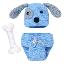 Xanewza 3 Pieces Newborn Baby Photo Props Outfits Crocheted Knitted Blue Dog Hat Shorts with Bone Set for Boys Girls Photography Shooting (0-6 Months)
