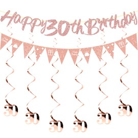 HUKUMA 30th Birthday Party Decoration Set, Birthday Decoration 30 Years, Sweet 30 Decorative Streamers Rose Gold, Woman Garland Spirals, Happy Birthday Banner Decoration for 30th Birthday Women