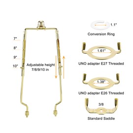 Mornajina 7 8 9 10 inch Lamp Shade Harp Holder, Adjustable Lamp Harps and Finals, Fit both Standard Lamp Rod and E26 E27 Light Base UNO Fitter Adapter Converter Finial Set (Gold)