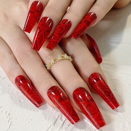 Obmyec Extra Long Coffin Press Nail Red Rose Fake Nails Glossy Flower False Nail Ballerina Punk Party Artificial Nail Valentine’s Day Extension Full Cover Nails for Women and Girls(24Pcs)