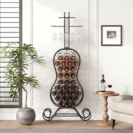 HavenlyYouth Cello-Shaped Wine Rack Freestanding Floor with Glass Holder,Wine Holder for 32 Bottles,Metal Wine Storage Organizer, Decorative Wine Shelf for Home Bar,Living Room, Kitchen