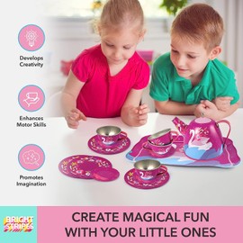 Bright Stripes Kids Pretend Play Tin Tea Set for Girls & Boys | Toy Tea Set Includes Tea Pot, Cups, Saucers, Plates, Tray, Invitations & Place-Cards for Imaginative Play (Swan Princess)