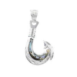 Unique Hawaiian Large Genuine Paua Shell Fish Hook Necklace, Sterling Silver Abalone MOP Fish Hook Pendant N8852B