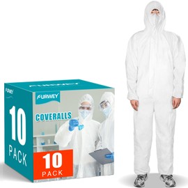 FURWEY Hazmat Suits 10 Pack Disposable Protective Coveralls, Heavy Duty Full Body Painters Suit for Men & Women with Elastic Wrists, Ankles and Hood, Available in 6 sizes-3X-Large