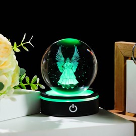 YWHL 3.14In 3D Crystal Guardian Angel Ball Figurine with Colorful Light Base, Laser Engraved Glass Angel Gifts for Wome Men, Collectible Memorial Figurines(80mm)