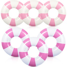 WinnerWhy 6 Pcs Large Swim Ring with Handles 47.24 Inch 35.43 Inch Inflatable Striped Pool Inner Tubes Swimming Pool Tubes Pool Ring Float for Teens Adults Summer Beach Party Supplies (Pink White)