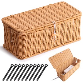 Large Cable Management Box with Lid – Handwoven Imitation Rattan Cord Organizer Box, 2 Side Open Slots Power Strip Cover Box, Decorative Cord Hider Box to Hide Cords and Power Strip for Home & Office