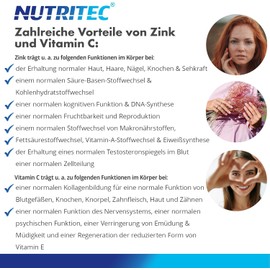 Nutritec 365 Zinc with Vitamin C Tablets - High Dose with 25 mg Zinc per Tablet - 250 mg Vitamin C
