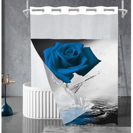 Oavieh No Hooks Blue Rose Shower Curtain with Snap in Liner Rose Flower Shower Curtain Double Layer Shower Curtains for Bathroom(71''*74'')