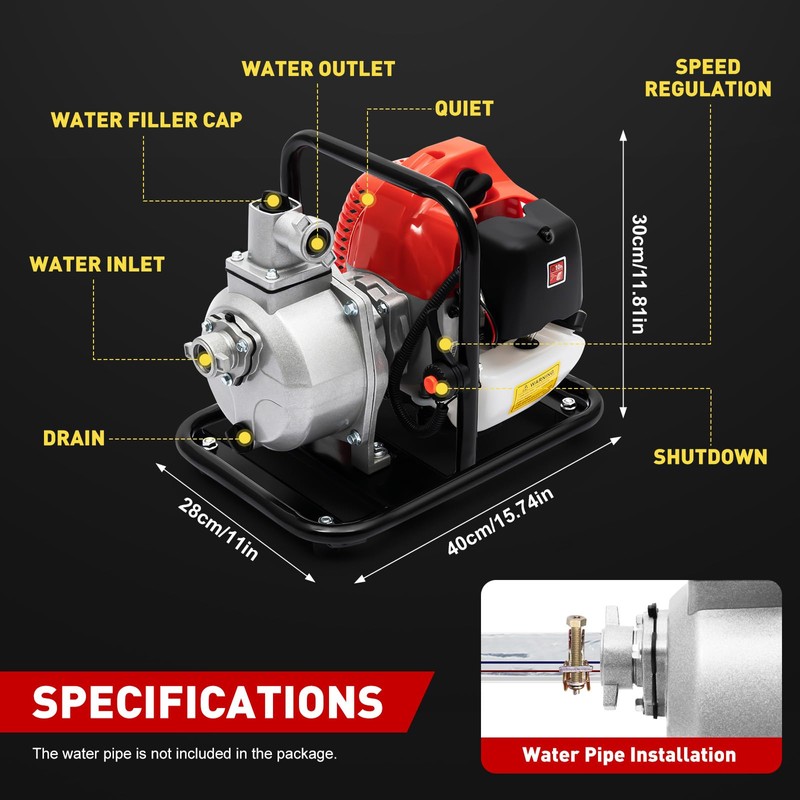 1-Inch Gas-Powered Water Transfer Pump,43CC 2-Stroke Semi-Trash Water Pump,Heavy Duty