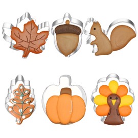 6 Pieces Thanksgiving Cookie Cutters, Fall Themed Holiday Cookie Cutter Shapes of Pumpkin,Maple Leaves,Oak Leaves,Turkey,Squirrel,and Acorn Cookie Cutters with Decorating Instructions